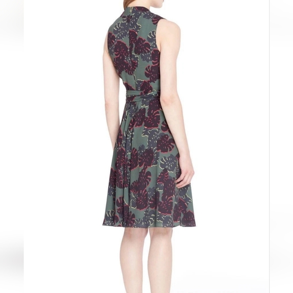 Tahari ASL Olive Self Tie Abstract Floral Sleeveless V-Neck Midi Sundress Sz 12 - Picture 1 of 10